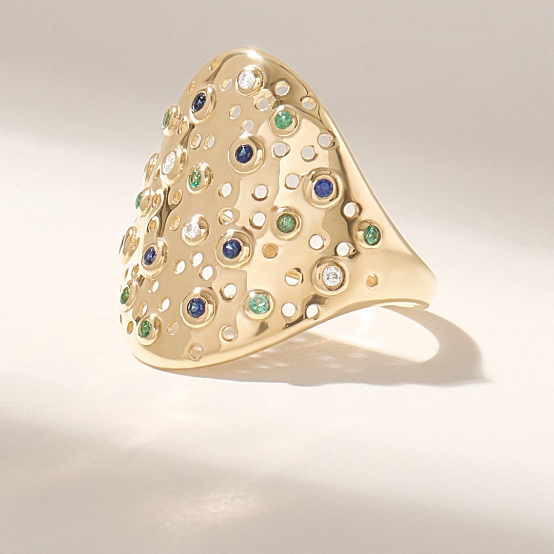 Solid Gold Statement Ring, 14k Gold Emerald Sapphire Diamond Cluster