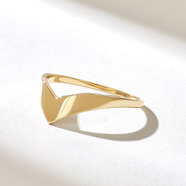 Bold Chevron Ring, 14k Solid Gold Plain Ring Enhancer, Thick V Shaped Ring Stacker, Minimal Curved Stacking Ring, Simple Unique Contour Ring