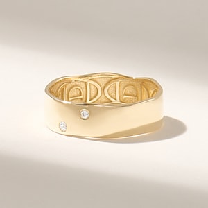 Flush Set Two Diamond Band, 14k Gold Cigar Wedding Ring, Women&#39;s Solid Gold Thick Band, Tiny Diamond Unique Design Ring, 6mm Bridal Ring