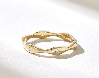 Wave Bezel Diamond Wedding Band,14k Solid Gold Curve Stacking Ring, Simple Eternity Marriage Ring Women,Minimalist Flush Bridal Jewelry Ring