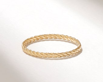 Twisted Rope Wedding Ring, 14k Braided Stacking Ring, Solid Gold Womens Simple Twined Layering Ring, 1.20MM Daily Slim Ring Enhancer