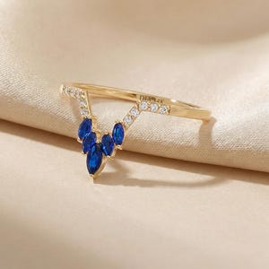 14K Solid Gold Curved Sapphire and Diamond Ring Enhancer, V Shape Wishbone Wedding Band, Dainty Stacking Ring for Her
