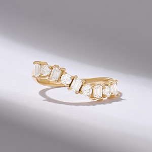 Diamond Wave Ring for Women 14k Solid Gold Curved Wedding Band Stackable Ring with Mixed Cut Natural Diamonds Unique Modern Matching Jewelry