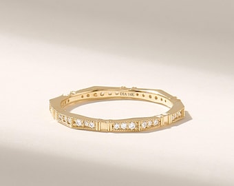 14k Solid Gold Pavé Diamond Stacking Ring for Women, Vintage Eternity Band, Dainty Bridal Ring, Minimalist Diamond Gold Jewelry Gift