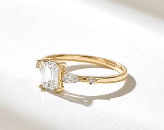 Baguette Diamant Verlobungsring, Massivgold Diamant Solitärring für Frauen, Einzigartiger Jubiläumsring, Naturdiamantring, Vorschlagring