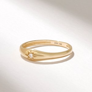 Gold Pinky Ring Women, 14K Solid Gold Star Signet Ring with Diamond, Dainty Stackable Rings, Minimalist Statement Jewelry for Everyday Wear