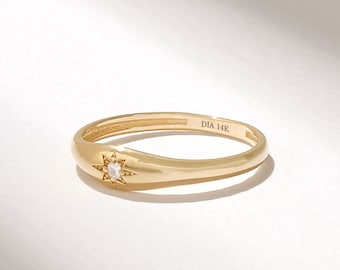 Gold Pinky Ring Women, 14K Solid Gold Star Signet Ring with Diamond, Dainty Stackable Rings, Minimalist Statement Jewelry for Everyday Wear