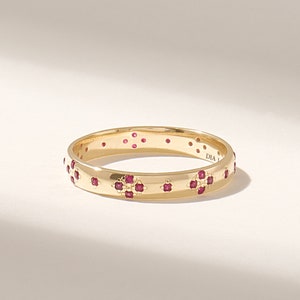 14k Gold Ruby Wedding Band, Womens Pave Ruby Ring, Solid Gold Pink Stone Ring, Dainty Marriage Ring , Minimalist Gold Band, Comfort Fit