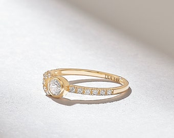 Non-traditional Engagement Ring | Accented Bezel Solitaire Ring for Women | Minimal Halo Ring in 14k 18k 10k Solid Gold | Womens Trendy Ring