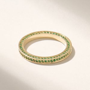 Emerald Stone Pave Eternity Ring, 14k Solid Gold Unique Side Wedding Ring, Channel Set Tiny Green Gemstone Ring, Stackable Ring Enhancer Her