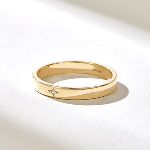 Simple Diamond Wedding Band, 14k Solid Gold Minimalist Marriage Ring, Comfort Matching Band Women, Tiny Sun Bridal Ring, Handmade Jewelry