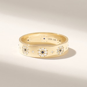 Sapphire Wedding Band Women 14k Solid Gold Floral Band Ring Pave Sapphire Diamond Band 18k Gold Unique Wedding Ring Jewelry Gift for Her