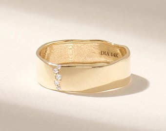 14K Solid Gold Wedding Band, Unique Wavy Wide Gold Ring for Women, Organic Sculptural Band with Diamonds, Modern Statement Anniversary Gift