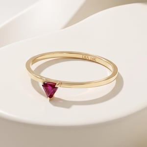 Triangle Ruby Ring For Women, 14K Solid Gold Dainty Pinky Ring, Minimalist July Birthstone Ring, Ruby Stacking Ring, Gift For Her