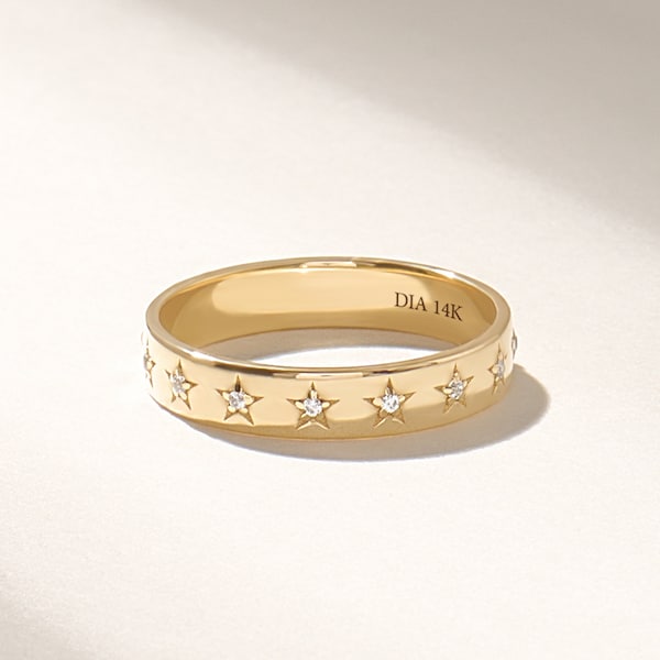 Women's Gold Wedding Band with Star Set Diamonds, 14k Solid Gold Star Eternity Ring, Minimalist Anniversary Gift Ring for Her