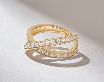 Aufsteigender Pave Diamant Crossover Ring | Überlappende Bands Einzigartige X Ring 10k_14k_18k Gold | Eternity Statement Ring für Frauen