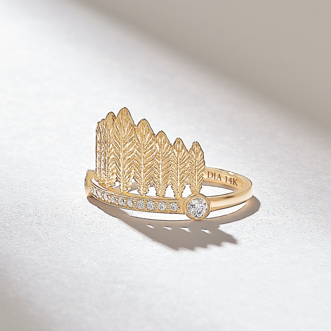 Pave Diamond Gold Feathers Ring, Solid Gold Unique Statement Ring, 14k ...