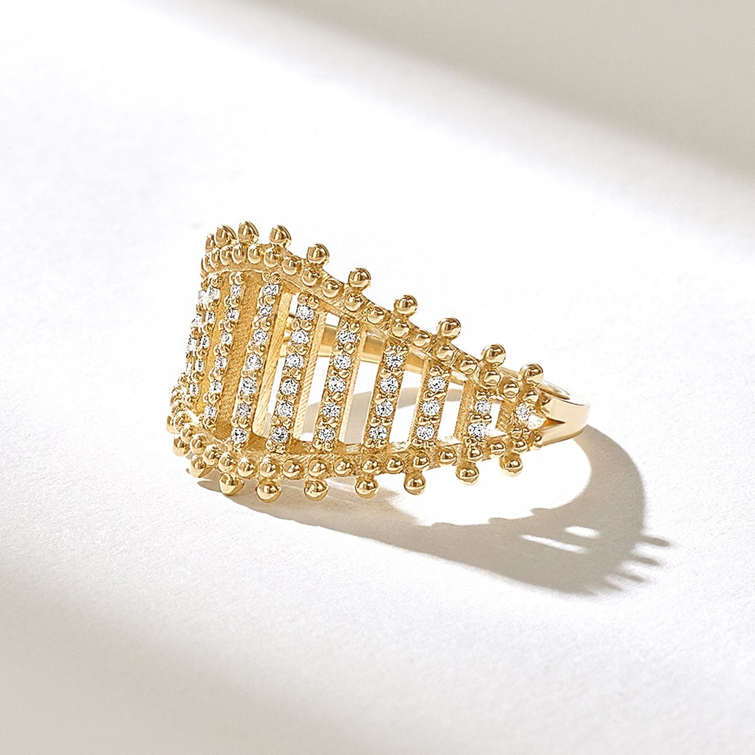 Pave Diamond Bold Statement Ring,14k Solid Gold Unique Design Ring