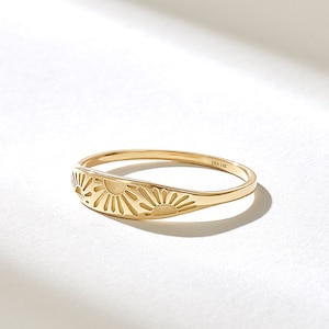 Sun Signet Ring for Women Solid 14K Gold Pinky Rings