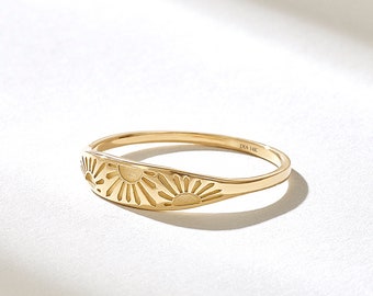 14k Solid Gold Sunrise Signet Ring for Women, Dainty Sun Pinky Band, Minimalist Stackable Gold Ring, Handmade Celestial Gift Jewelry