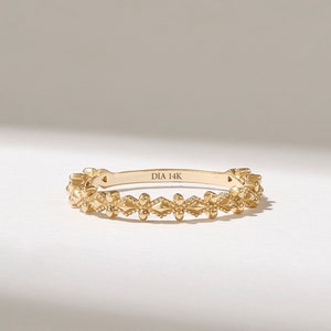 Art Deco Wedding Band 14k Gold Vintage Rhombus Eternity Ring Solid Gold Women Unique Milgrain Band Minimalist Stacking Ring Handmade Jewelry
