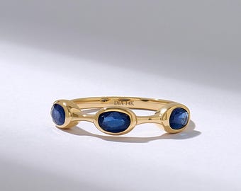 14k Solid Gold Oval Sapphire Trio Ring, Navy Blue Gemstone Engagement Anniversary Band for Women, September Birthstone Jewelry Gift