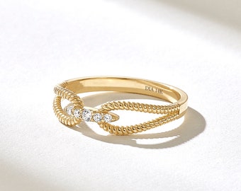 Diamond Twisted Rope Ring, Solid Gold Unique Design Statement Ring, 14k Twist Tie Vintage Thumb Ring, Braided Rope Connected Rings for Women