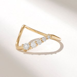 14k Gold Diamond Wave Ring, Curved Chevron Wedding Band for Women, Unique Contour Stacking Ring, Solid Gold Bridal Gift Jewelry