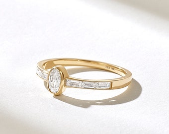 Minimalist Bezel Solitaire Diamond Engagement Ring, 14k Gold Half Eternity Classic Diamond Anniversary Ring, Baguette Oval Diamond Ring