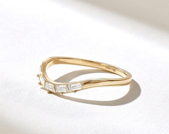 14K Solid Gold Curved Wedding Band, Unique Baguette Diamond Chevron Ring, Minimalist Arc Nesting Band, Vintage Art Deco Ring Enhancer