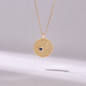 Sapphire Moon & Star Circle Charm Necklace, 14k Solid Yellow Gold Coin Pendant, Real Blue Birthstone Disc Necklace, Women Celestial Jewelry