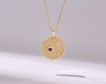 Sapphire Moon & Star Circle Charm Necklace, 14k Solid Yellow Gold Coin Pendant, Real Blue Birthstone Disc Necklace, Women Celestial Jewelry