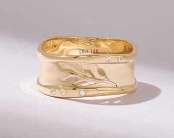 14K Solid Gold Wavy Leaf Cigar Band, 7.5mm Wide Cutout Botanical Wedding Ring for Women, Unique Filigree Diamond Statement Anniversary Gift