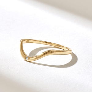 14k Solid Gold Curved Wedding Band for Women, Bezel Diamond Enhancer Ring, Dainty Arch Contour Stackable Ring, 10k 18k Nesting Gift