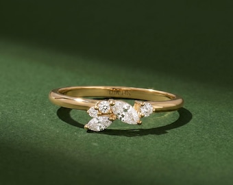 14K Solid Gold Diamond Cluster Ring Marquise Leaf Crown Band Minimalist Stackable Stacking Jewelry Gift