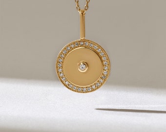 Pave Diamond Round Charm Necklace | 14k Solid Gold Large Statement Necklace | Unique Disc Pendant Women | Circle Geometric Charm Necklace
