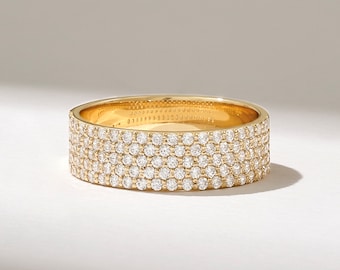 14K Solid Gold Multi Row Pave Diamond Ring, Wide Micro Pave Wedding Band, Thick Statement Eternity Ring, Luxury Bridal Jewelry, Gift for Her