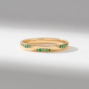 14K Solid Gold Emerald Dome Ring Wave Flush Channel Wedding Band Minimalist Stackable Stacking Jewelry
