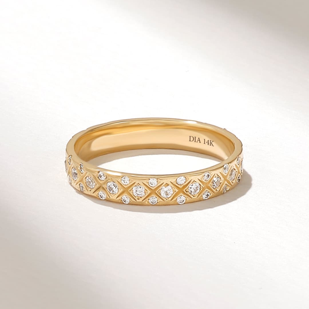 Diamond Pave Wedding Ring, 14k Full Eternity Band Women, Solid Gold Criss Cross Diamond Wedding