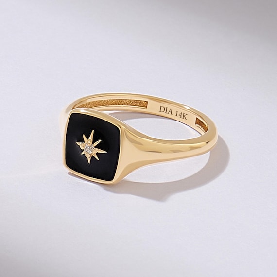 North Star Signet Ring, 14k Solid Gold Compass Ring, Starburst