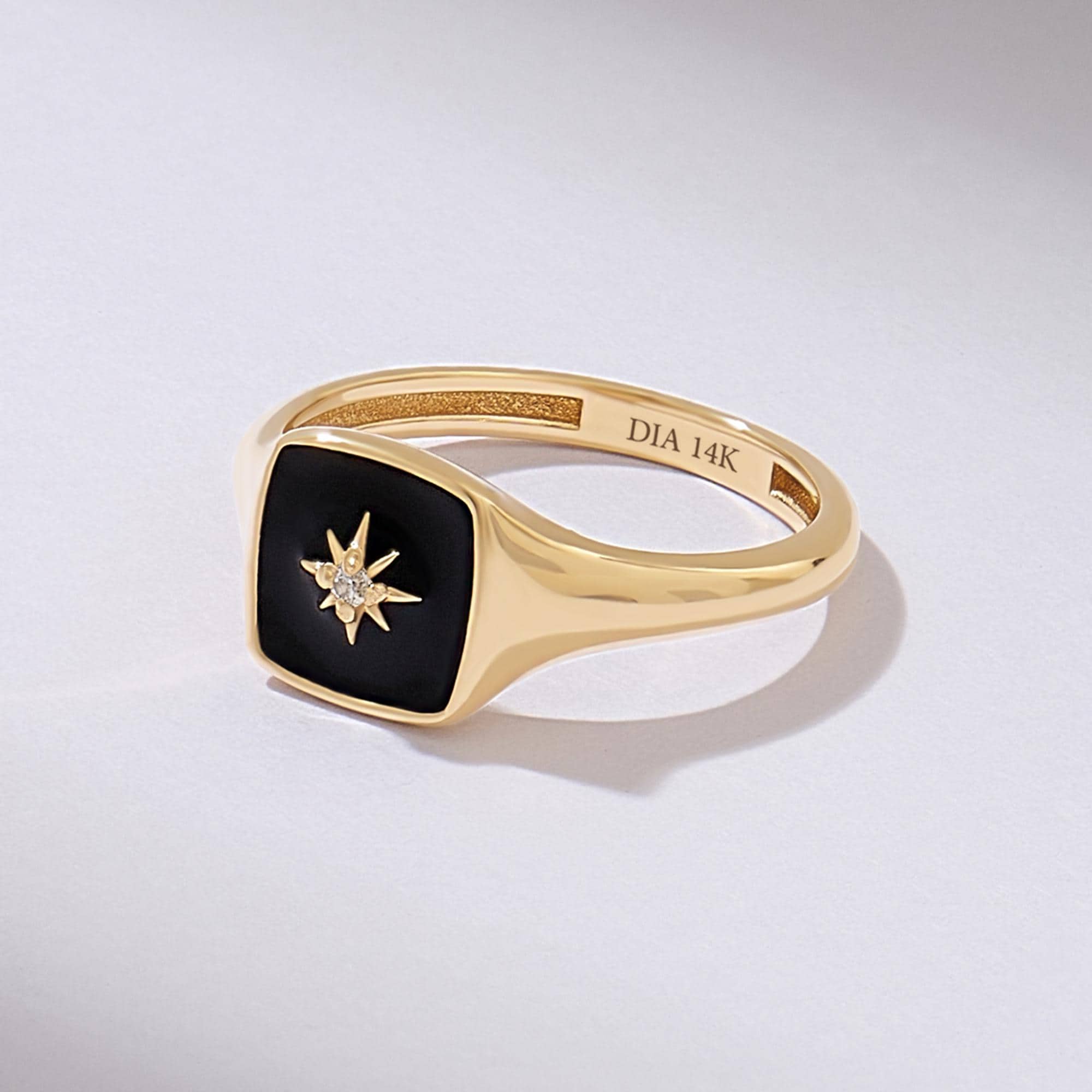 North Star Signet Ring, 14k Solid Gold Compass Ring, Starburst Enamel Ring for Women Personalized Pinky Ring, Handmade Jewelry Gift