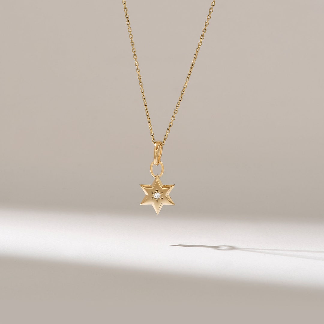 Diamond Star Necklace Northstar Pendant Necklace Women 14k Solid Gold Everyday Necklace
