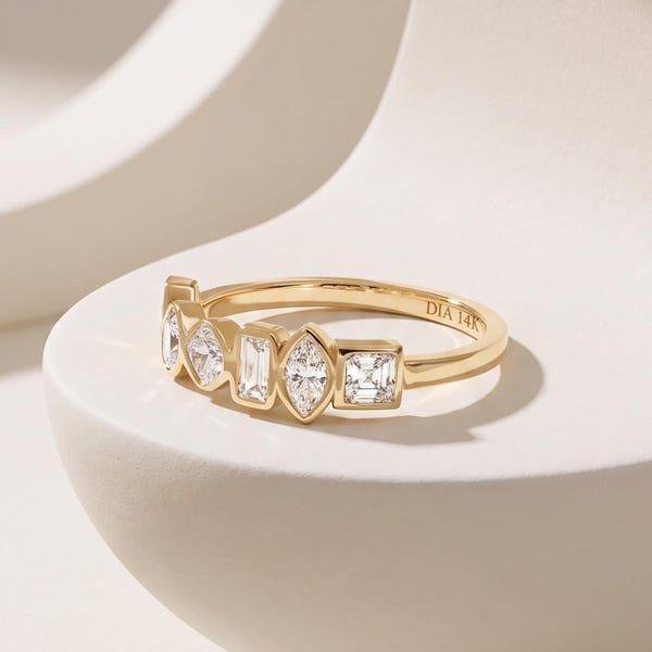 Bezel Set Lab Diamond Wedding Band in 14k Solid Gold, Mixed Shape Five Stone Ring, Marquise Round Emerald Cut, Half Eternity Gift for Her
