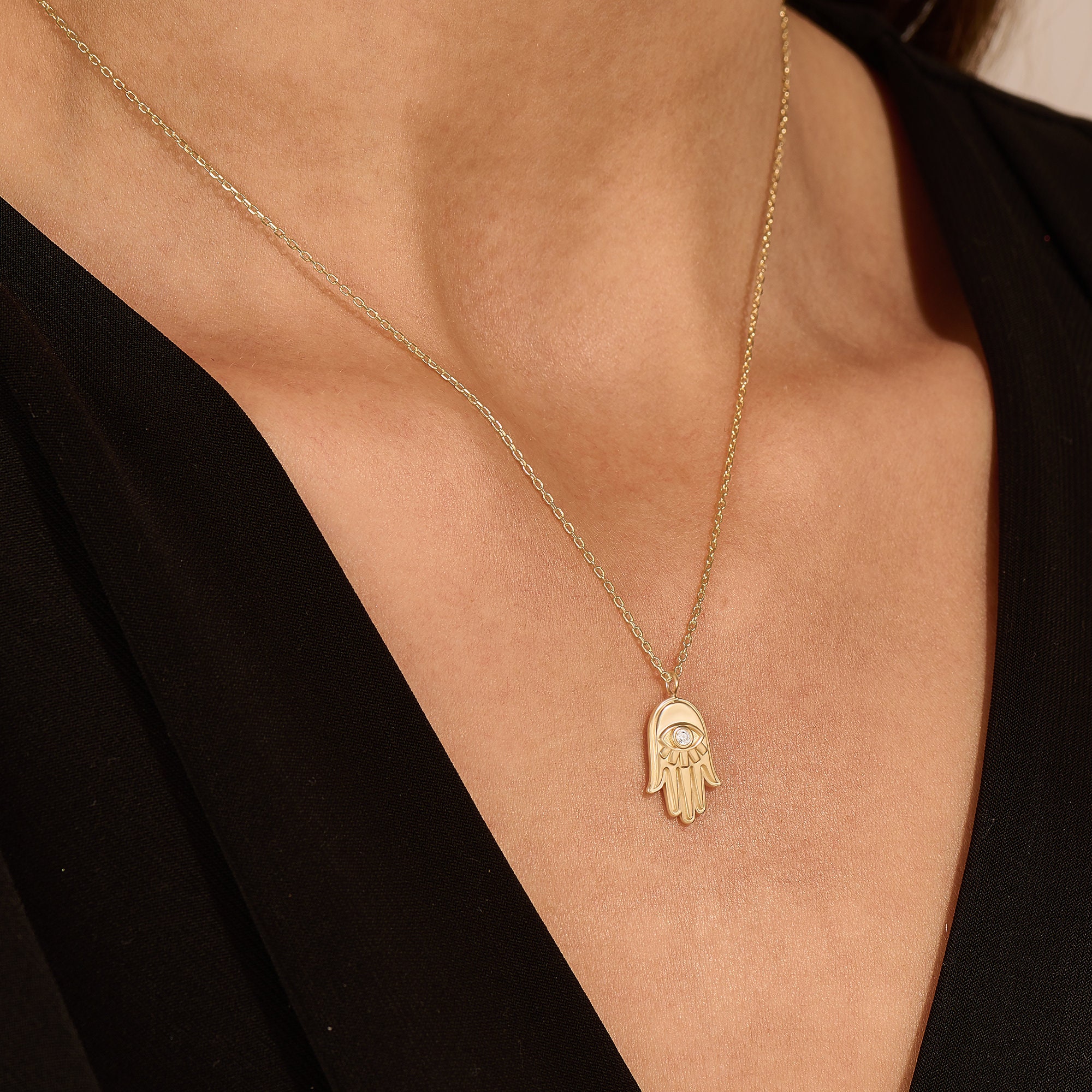 Tiny Diamond Hamsa Hand Pendant 14k Solid Yellow Gold Minimalist