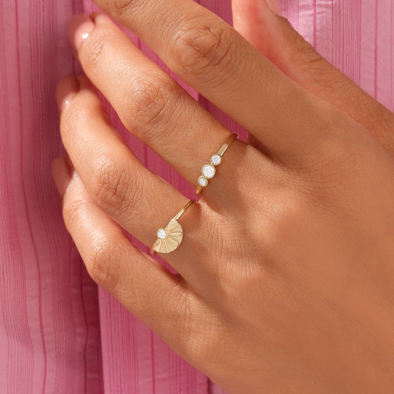 Solo Diamond Sunshine Ring Boho Sun Ring 14k 18k 10k Solid Gold Dainty Sunburst Ring Women Minimalist Celestial Ring Half Sunset Ring image 6