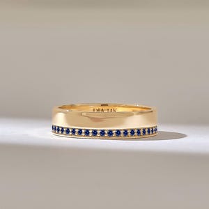 Sapphire Eternity Wedding Band One Side Pave Sapphire Ring 14k Solid Gold Full Eternity Band Ring Thick Band Marriage Ring Women 18k Gold