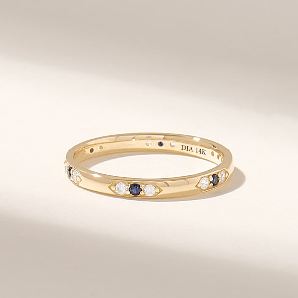 Natural Sapphire Diamond Ring, 14k Solid Gold Wedding Band Women, Tiny Diamond Stacking Ring, Dainty Gold Ring, Minimalist Wedding Ring