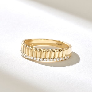 Pave Diamond Dome Wedding Band for Women, 14k Solid Gold Cigar Ring, Thick Bold Handmade Band, Unique Gold Statement Ring Gift for Birthday