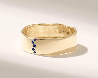 14K Solid Gold Sapphire Wedding Band Wavy Pave Blue Sapphire Ring for Women Unique Wedding Ring Cigar Band 18k Gold Ring Jewelry Gift