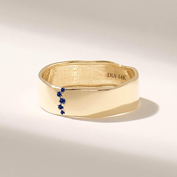 14K Solid Gold Sapphire Wedding Band Wavy Pave Blue Sapphire Ring for Women Unique Wedding Ring Cigar Band 18k Gold Ring Jewelry Gift